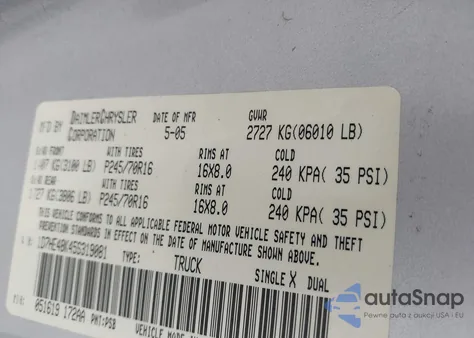 2005 Dodge Dakota Slt z USA, uszkodzony, nr VIN 1D7HE48K45S319081